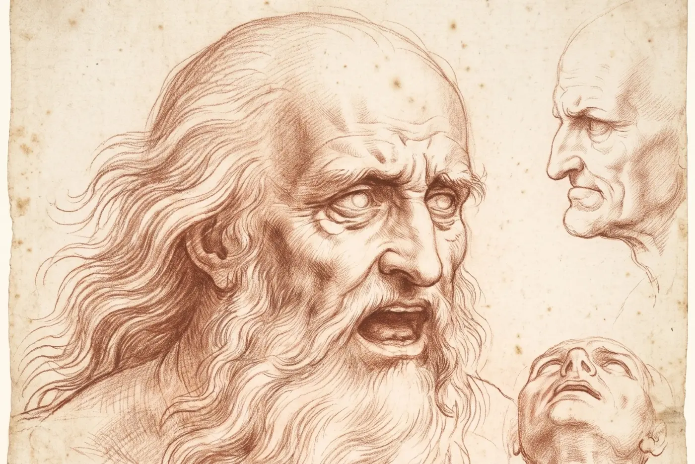 A red-chalk study of an old king raving, his hair and beard blown to one side, with two smaller studies of the same head beside it — drawn in the manner of Leonardo&rsquo;s grotesque heads.
