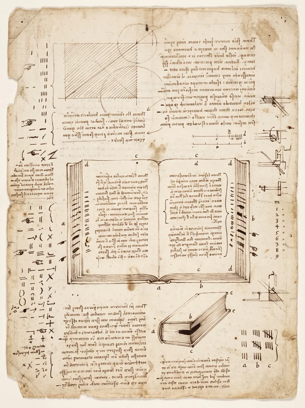 A pen-and-ink folio, mostly close-written notes: an opened book seen from above with readers&rsquo; marks massed along its fore-edges, the same book edge-on, and a margin crowded with scores, brackets and pointing hands.
