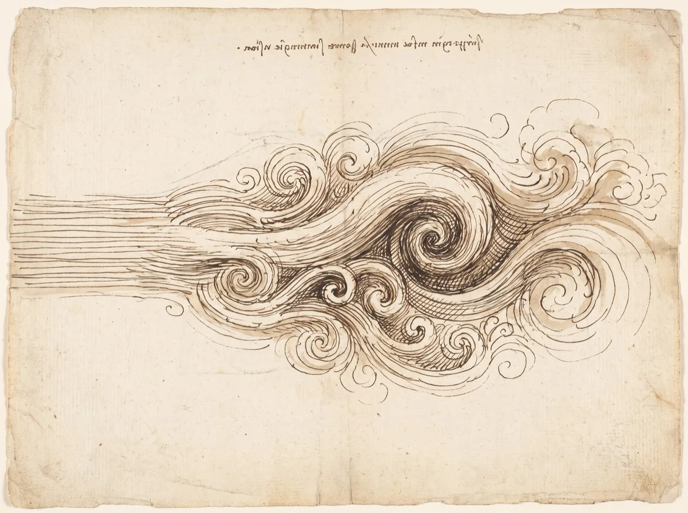 A pen-and-ink storm sheet: water entering flat and ordered at the left, then breaking into nested spirals of every scale across the rest of the page.
