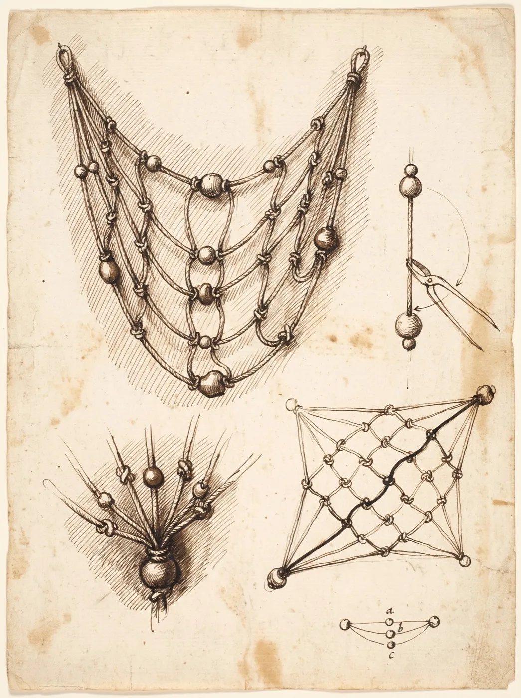 A pen-and-ink study sheet: a net of knotted cord hung slack, its beads of unequal size, and the same net redrawn taut with one route traced heavily from edge to edge.