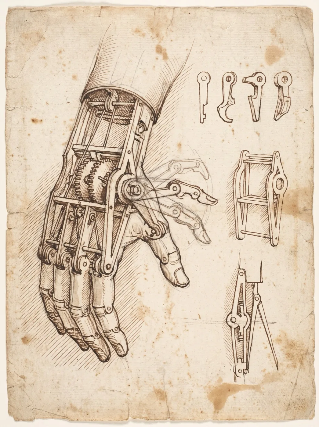 A pen-and-ink study sheet: a mechanical hand with its casing removed, one joint drawn four times in slightly different forms, and the four alternative parts laid in a row beside it.