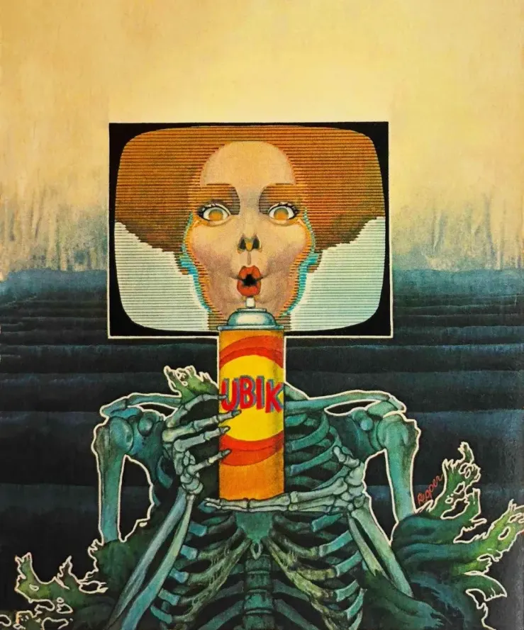 Bob Pepper's cover illustration for Philip K. Dick's Ubik — a skeleton with a television-screen face holding a spray can labeled UBIK.